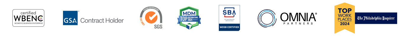 Certified WBENC, GSA Contract Holder, SGS, MDM Top Distributors 2024, SBA WOSB Certified, OMNIA Partners, Top Workplaces of 2024